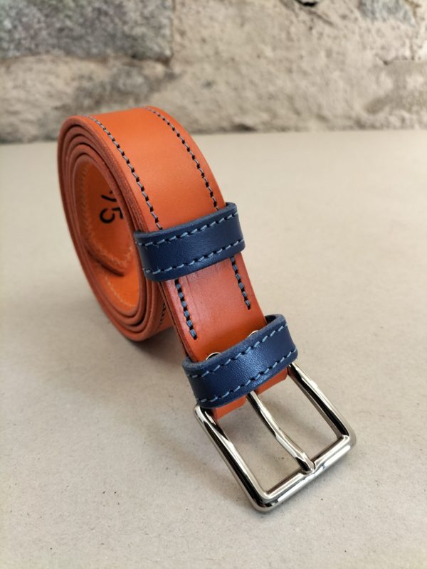 ceinture en cuir bicolore orange/bleu